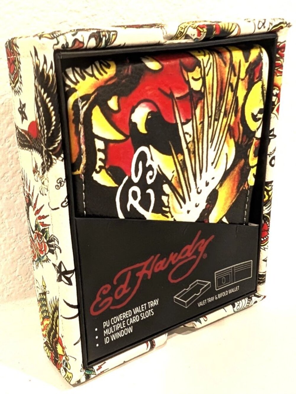 Ed Hardy Mens Tiger Bifold Wallet; PU Valet Tray Boxed Gift Set Tattoo Art NIB